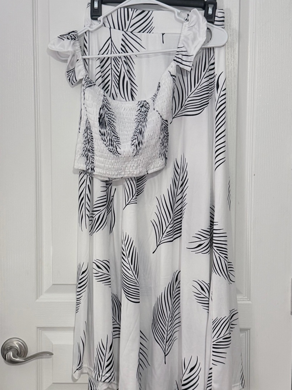 Girls White Palm-Print Smocked Top & Skirt Set